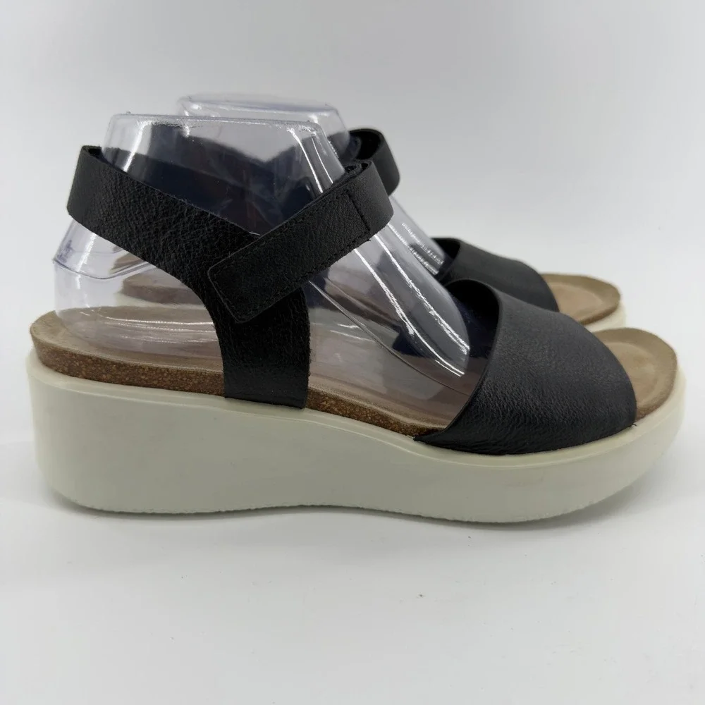 ECCO Corksphere Wedge Sandals Black Leather Platform Ankle Strap Womens 41